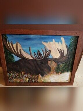 Large Antler Moose with Brown Wood Frame - Blue Sky